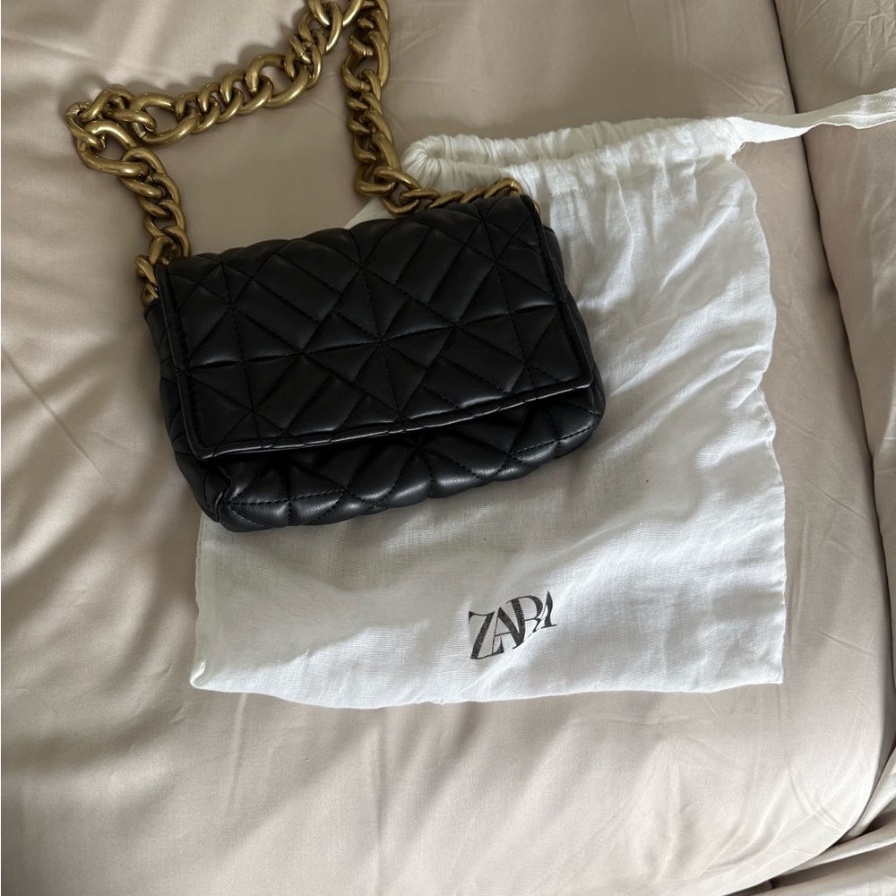 Zara Black Quilted Crossbody Bag with Gold Chain Strap